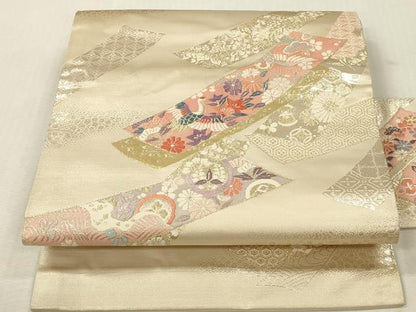 平和屋着物▼九寸名古屋帯　唐織　錦　短冊飛鶴花文　本金箔二重織　正絹　逸品　DABK2318op