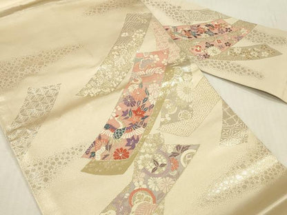 平和屋着物▼九寸名古屋帯　唐織　錦　短冊飛鶴花文　本金箔二重織　正絹　逸品　DABK2318op