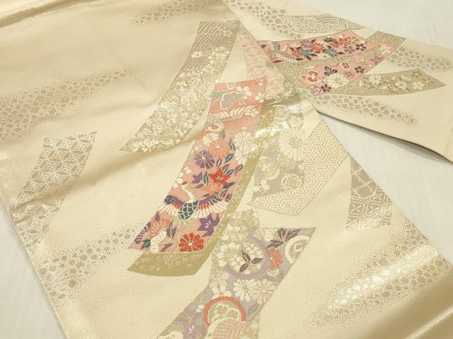 平和屋着物▼九寸名古屋帯　唐織　錦　短冊飛鶴花文　本金箔二重織　正絹　逸品　DABK2318op