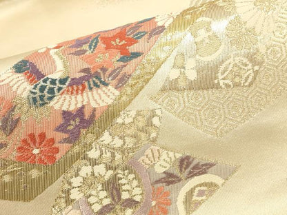 平和屋着物▼九寸名古屋帯　唐織　錦　短冊飛鶴花文　本金箔二重織　正絹　逸品　DABK2318op