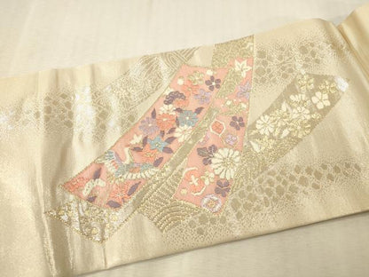 平和屋着物▼九寸名古屋帯　唐織　錦　短冊飛鶴花文　本金箔二重織　正絹　逸品　DABK2318op