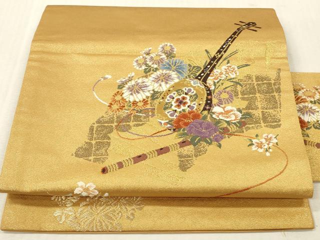 平和屋着物▼九寸名古屋帯　唐織　楽器花文　純銀・純金箔　正絹　逸品　DABK2319op