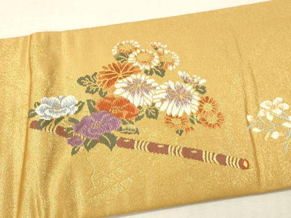 平和屋着物▼九寸名古屋帯　唐織　楽器花文　純銀・純金箔　正絹　逸品　DABK2319op