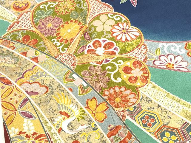平和屋着物●豪華振袖　駒刺繍　飛鶴花熨斗文　暈し染め　金糸　正絹　逸品　DABK2400op