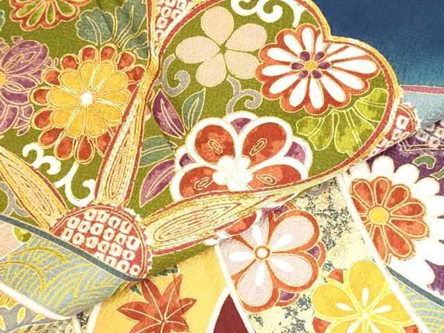 平和屋着物●豪華振袖　駒刺繍　飛鶴花熨斗文　暈し染め　金糸　正絹　逸品　DABK2400op