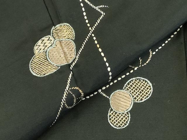平和屋着物●訪問着　紬地　作家物　刺繍　刺し子　枝花　黒地　金糸　さが美扱い　正絹　逸品　DABK2460op