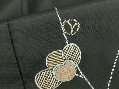 平和屋着物●訪問着　紬地　作家物　刺繍　刺し子　枝花　黒地　金糸　さが美扱い　正絹　逸品　DABK2460op