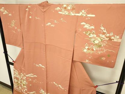 平和屋着物●訪問着　駒刺繍　扇面風景花松文　金銀彩　正絹　逸品　DABK2470op