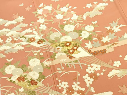 平和屋着物●訪問着　駒刺繍　扇面風景花松文　金銀彩　正絹　逸品　DABK2470op