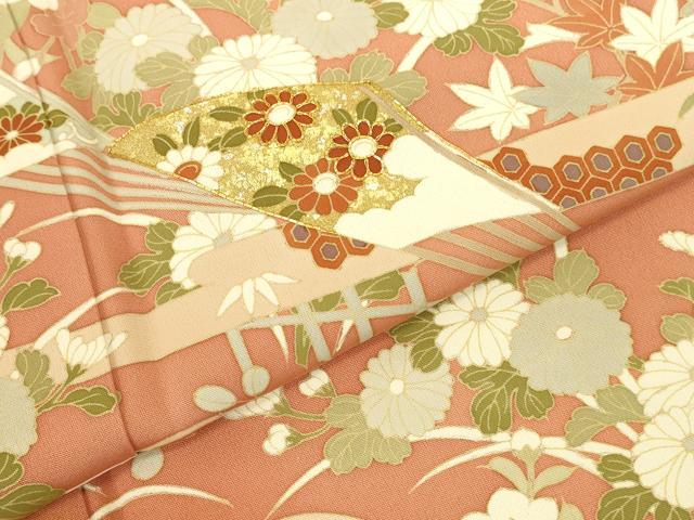 平和屋着物●訪問着　駒刺繍　扇面風景花松文　金銀彩　正絹　逸品　DABK2470op