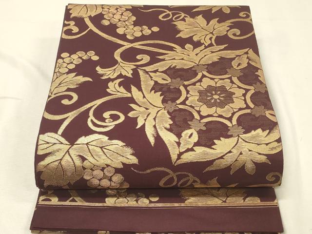 平和屋着物◎六通柄　本袋帯　正倉院葡萄蔦の葉文　金糸　正絹　逸品　DABK2473op