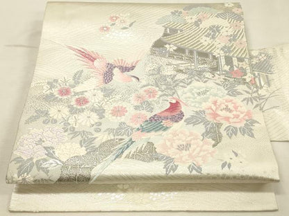 平和屋着物◎九寸名古屋帯　唐織　尾長鳥花文　錦　プラチナ箔　正絹　逸品　DABK2543op