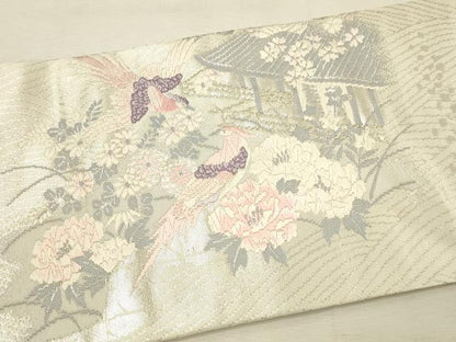 平和屋着物◎九寸名古屋帯　唐織　尾長鳥花文　錦　プラチナ箔　正絹　逸品　DABK2543op