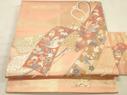 平和屋着物◎九寸名古屋帯　唐織　花鳥熨斗文　金糸　正絹　逸品　DABK2559op