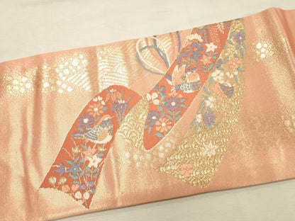 平和屋着物◎九寸名古屋帯　唐織　花鳥熨斗文　金糸　正絹　逸品　DABK2559op