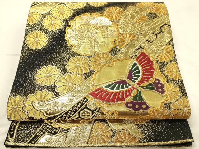 平和屋着物◎六通柄袋帯　唐織　舞蝶雪輪花松文　黒地　金糸　正絹　逸品　DABK2563op