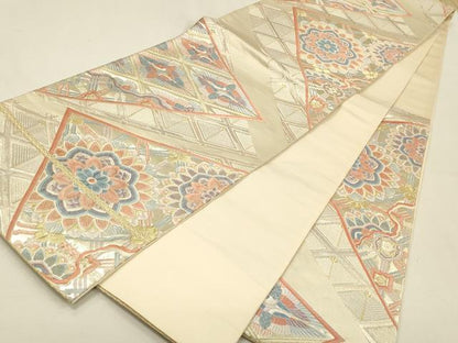 平和屋着物◎六通柄袋帯　唐織　裂取向かい鶴文　金銀糸　正絹　逸品　DABK2576op