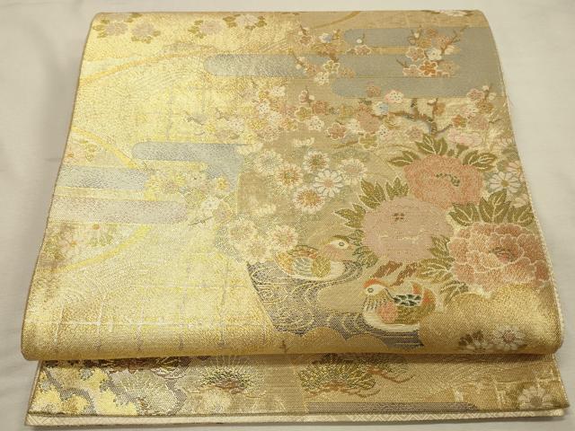 平和屋着物◎佐賀錦　両面　六通柄袋帯　鴛鴦花文　金糸　正絹　逸品　DABK2580op
