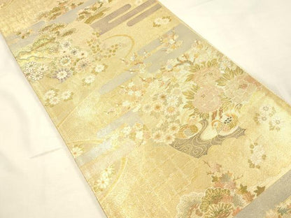 平和屋着物◎佐賀錦　両面　六通柄袋帯　鴛鴦花文　金糸　正絹　逸品　DABK2580op