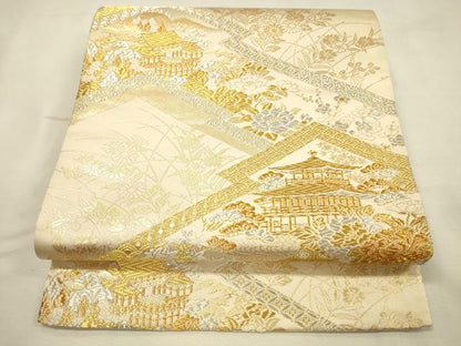 平和屋着物◎全通柄袋帯　風景花文　美保姿苑　金銀糸　正絹　逸品　DABK2581op
