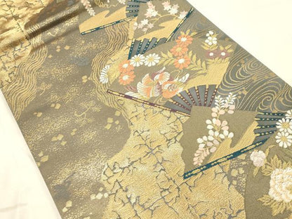 平和屋着物◎六通柄袋帯　唐織　扇面鴛鴦花文　金糸　正絹　逸品　DABK2582op