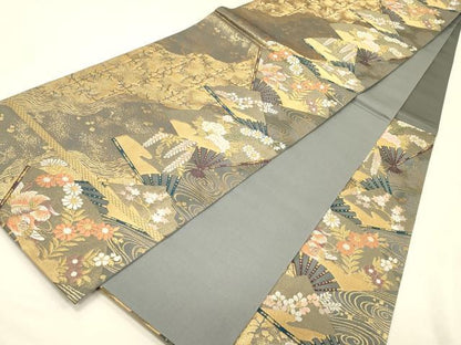 平和屋着物◎六通柄袋帯　唐織　扇面鴛鴦花文　金糸　正絹　逸品　DABK2582op