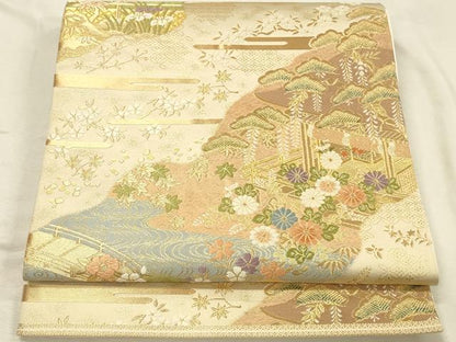 平和屋着物◎西陣　服部織物謹製　六通柄袋帯　唐織　風景花文　金糸　正絹　逸品　DABK2583op