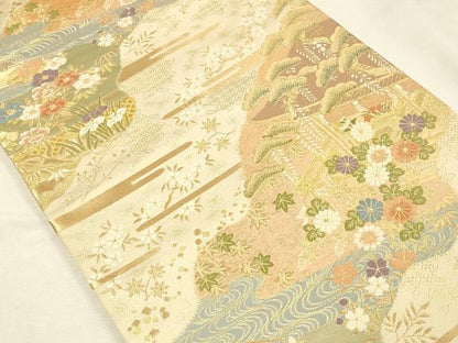 平和屋着物◎西陣　服部織物謹製　六通柄袋帯　唐織　風景花文　金糸　正絹　逸品　DABK2583op