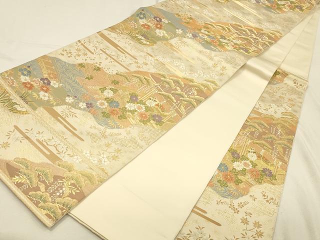 平和屋着物◎西陣　服部織物謹製　六通柄袋帯　唐織　風景花文　金糸　正絹　逸品　DABK2583op
