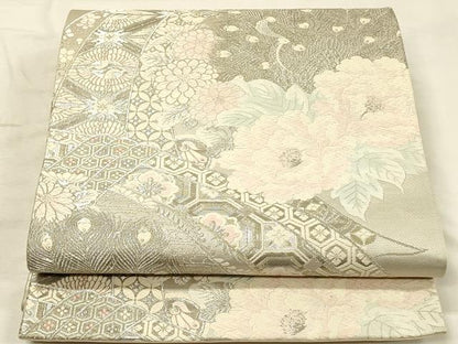 平和屋着物◎六通柄袋帯　唐織　束ね熨斗花文　牡丹　銀糸　正絹　逸品　DABK2584op
