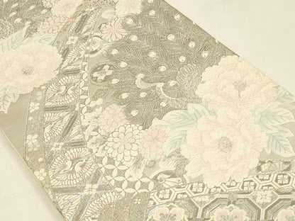 平和屋着物◎六通柄袋帯　唐織　束ね熨斗花文　牡丹　銀糸　正絹　逸品　DABK2584op