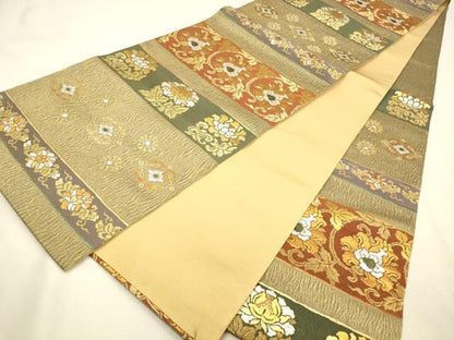 平和屋着物◎六通柄袋帯　横段更紗花文　金銀糸　正絹　逸品　未使用　DABK2589op