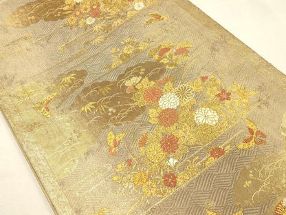 平和屋着物◎六通柄袋帯　唐織　草花　金糸　正絹　逸品　DABK2591op