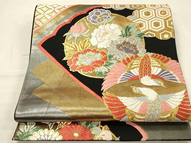 平和屋着物◎六通柄袋帯　唐織　双鳥吉祥花文　黒地　金銀糸　正絹　逸品　DABK2598op