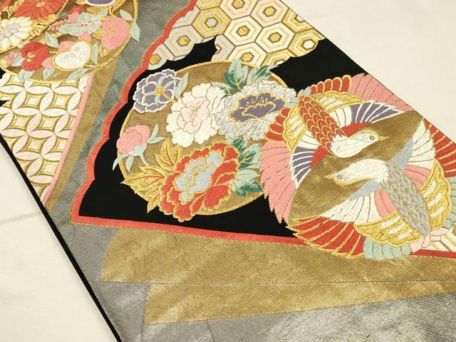 平和屋着物◎六通柄袋帯　唐織　双鳥吉祥花文　黒地　金銀糸　正絹　逸品　DABK2598op