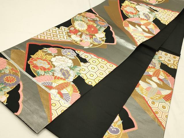 平和屋着物◎六通柄袋帯　唐織　双鳥吉祥花文　黒地　金銀糸　正絹　逸品　DABK2598op