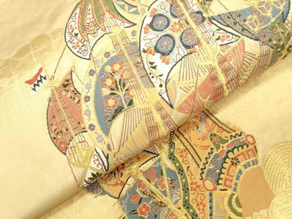 平和屋本店▼太鼓柄袋帯　南蛮船　純金箔　正絹　逸品　DABK2604op