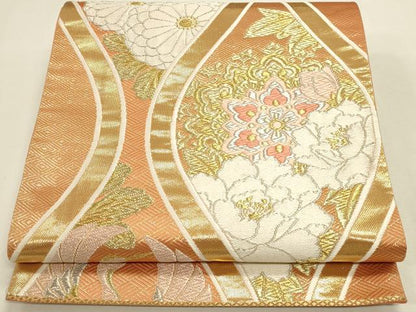 平和屋本店▼六通柄袋帯　唐織　立涌花鳥文　琥珀緞子　本金箔24K　正絹　逸品　DABK2607op