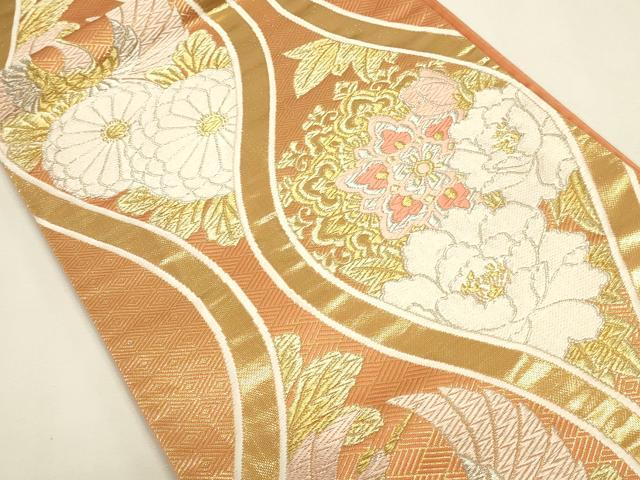 平和屋本店▼六通柄袋帯　唐織　立涌花鳥文　琥珀緞子　本金箔24K　正絹　逸品　DABK2607op