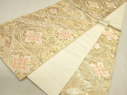 平和屋本店▼六通柄袋帯　亀甲花文　純金箔　正絹　逸品　DABK2611op