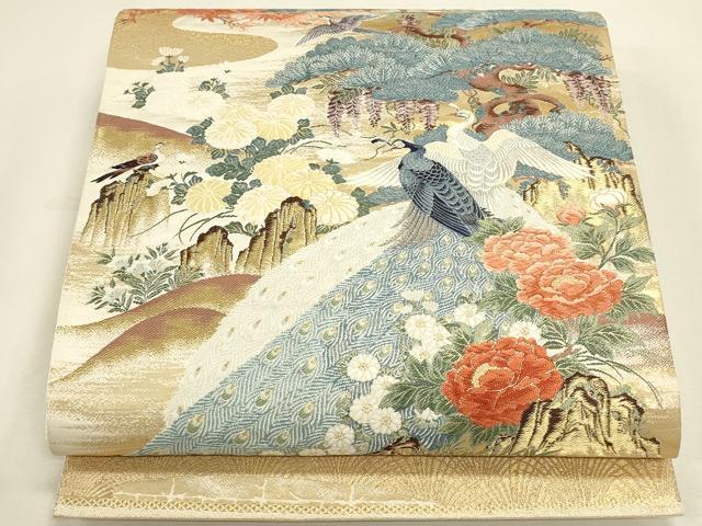 平和屋本店▼六通柄袋帯　唐織　孔雀花松文　純金箔　正絹　逸品　DABK2614op