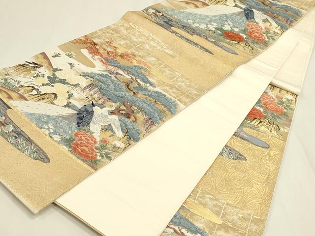 平和屋本店▼六通柄袋帯　唐織　孔雀花松文　純金箔　正絹　逸品　DABK2614op