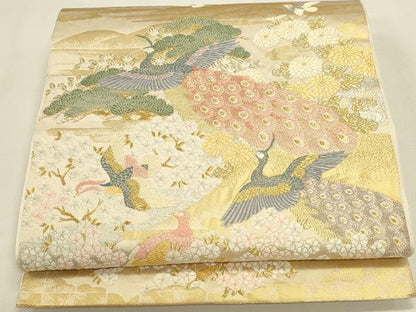 平和屋本店▼六通柄袋帯　唐織　孔雀花文　純金箔　正絹　逸品　DABK2615op
