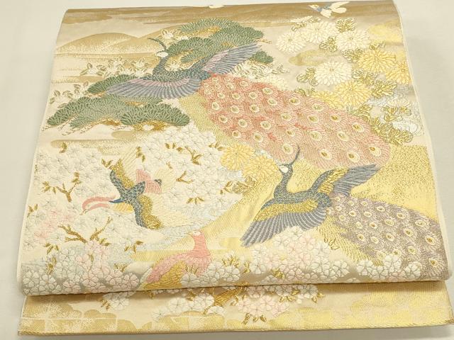 平和屋本店▼六通柄袋帯　唐織　孔雀花文　純金箔　正絹　逸品　DABK2615op