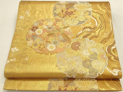 平和屋本店▼六通柄袋帯　墨流し雪輪紋　本金箔　正絹　逸品　DABK2619op