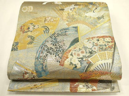 平和屋着物▼極上　西陣あさぎ　全通全景柄袋帯　扇面花鳥文　徳川美術館秘蔵　本金プラチナ二重箔　正絹　逸品　DABK2621op