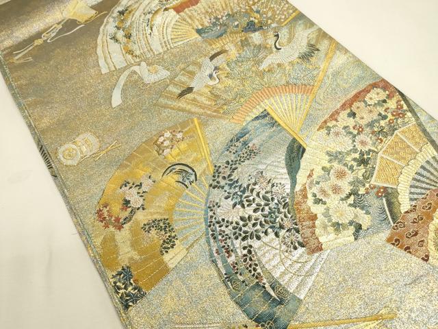 平和屋着物▼極上　西陣あさぎ　全通全景柄袋帯　扇面花鳥文　徳川美術館秘蔵　本金プラチナ二重箔　正絹　逸品　DABK2621op
