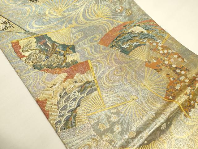平和屋着物▼極上　西陣あさぎ　全通全景柄袋帯　扇面花鳥文　徳川美術館秘蔵　本金プラチナ二重箔　正絹　逸品　DABK2621op