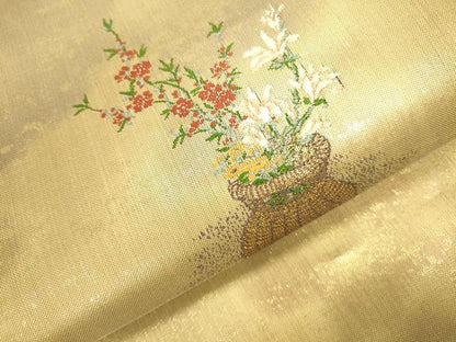 平和屋本店▼太鼓柄袋帯　唐織　飾花文　引箔　本金箔　正絹　逸品　DABK2622op