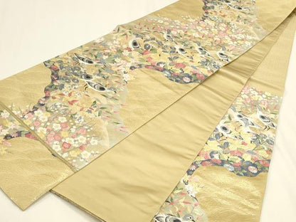 平和屋本店▼六通柄袋帯　唐織　花鳥文　純金箔　正絹　逸品　DABK2625op